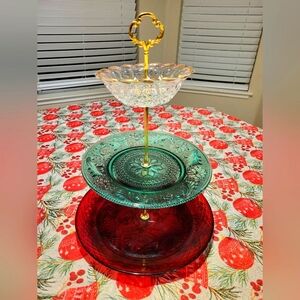 Beautiful Vintage Colored Glass 3 Tier Dessert Stand for Christmas